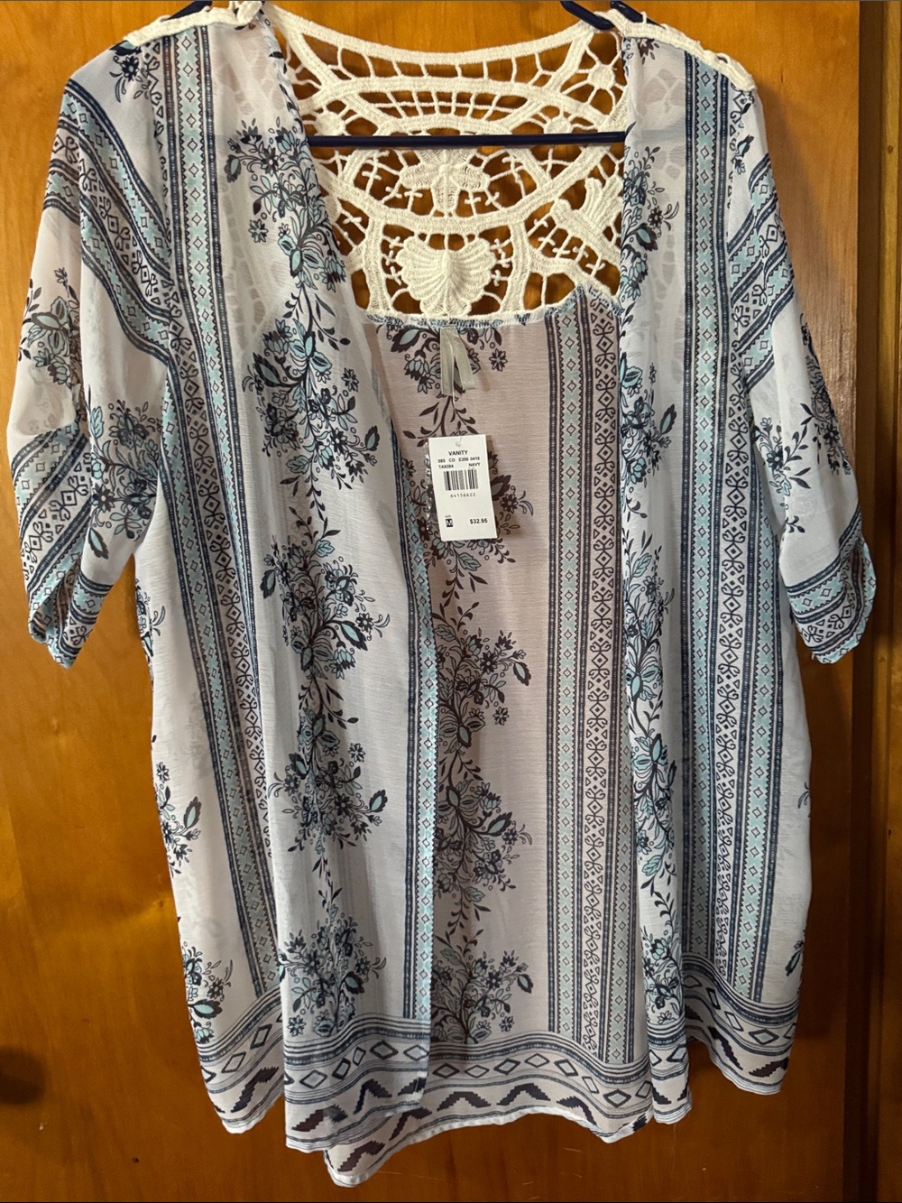 Vanity Light Gray Floral Crochet-Back Tunic with Blue Accents